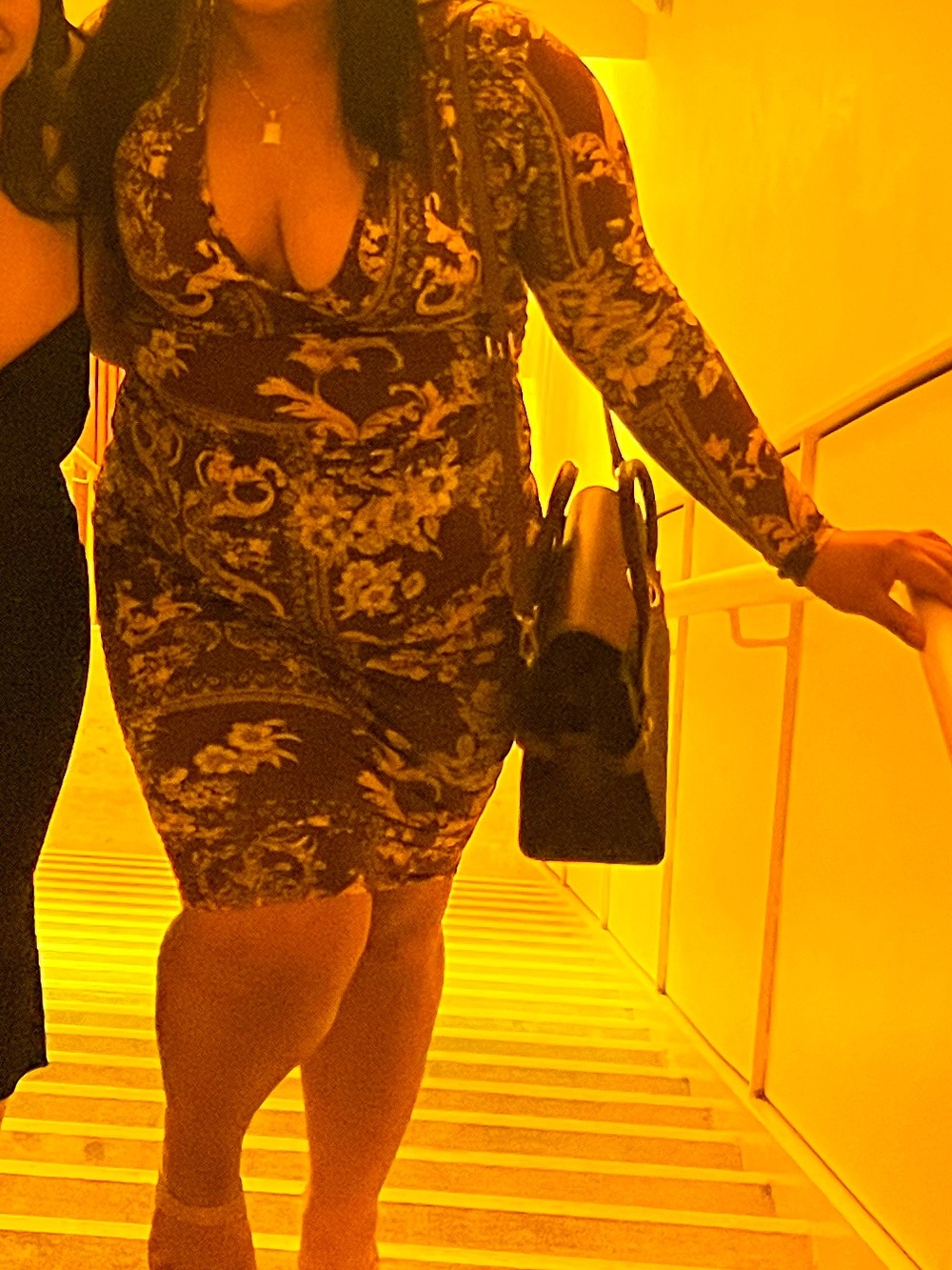 Source Unknown Brown and Yellow Floral Baroque V-Neck Ruched Midi Dress